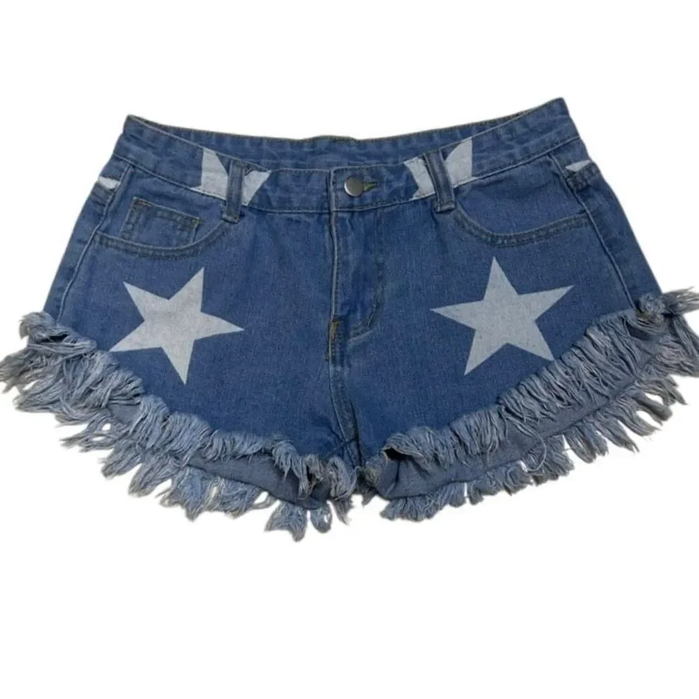 NWOT Shein Jean Shorts Women's Medium Blue Star Print Frayed Mid-rise